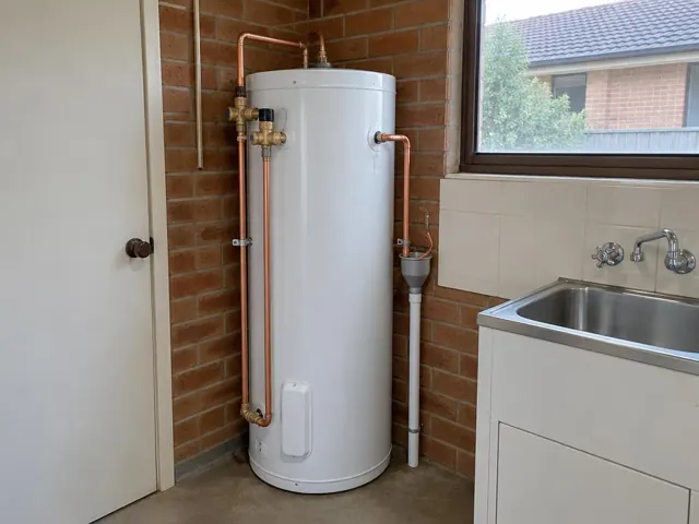 New hot water system beside a laundry sink and brick wall in Rathmines